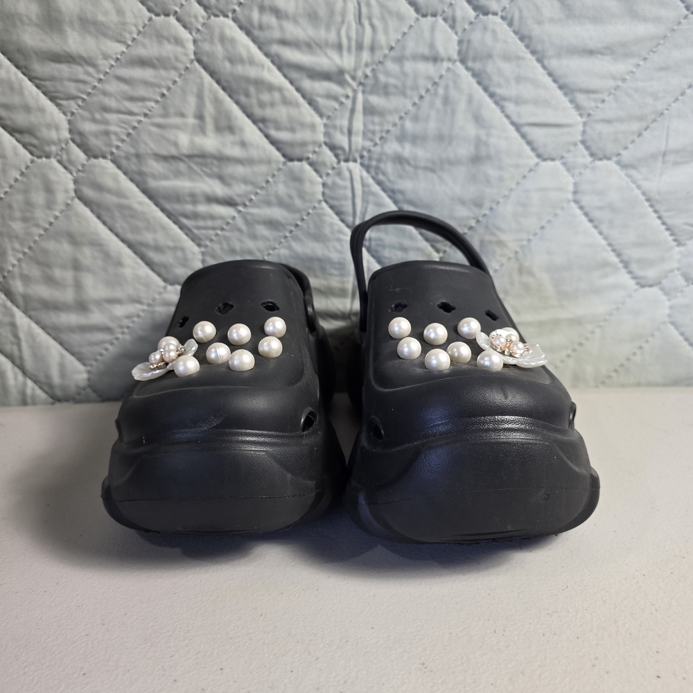 Solaud Platform Black Platform Clog Sandals with Pearl Flower Charm Sz 40 - Picture 5 of 11